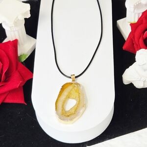 Yellow Druzy Agate Teardrop Necklace Geode Slice Gold Edge Pendant Rock Crystal